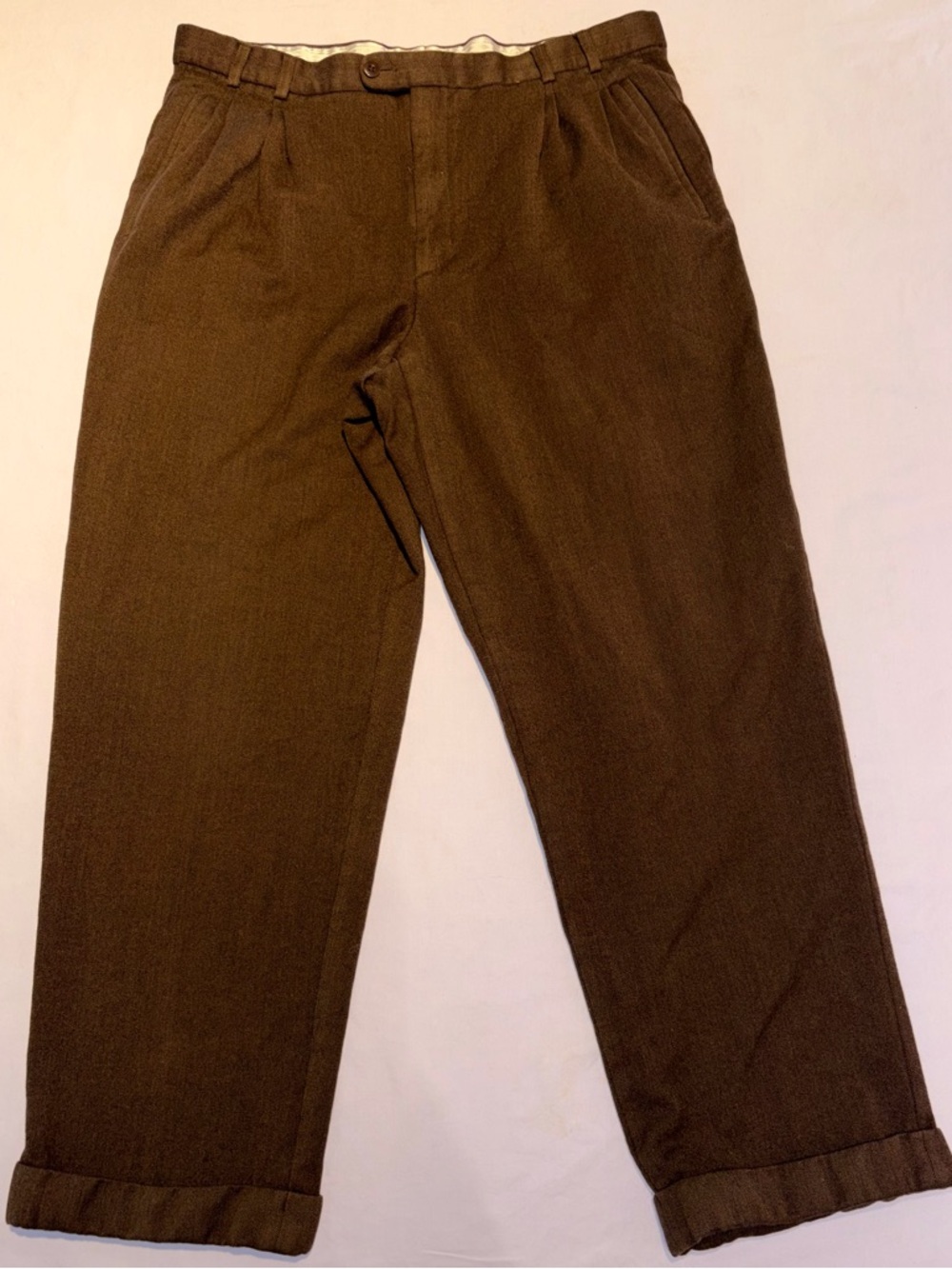 Zanella Men’s Jesse Pleated 100% Virgin Wool Trousers Brown Size 38x28 Cuffed